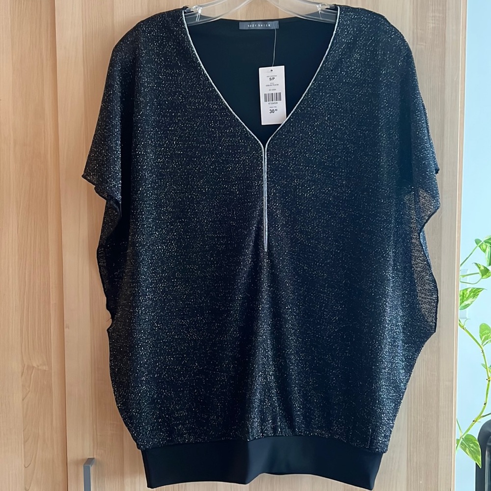 Suzy Shier - black bat wing shimmer short sleeve blouse